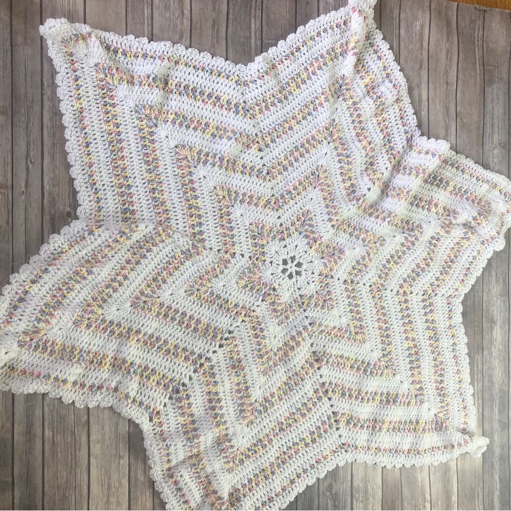 Handmade Crocheted Star Shaped Baby Blanket 53” Long White Yellow Blue Pink